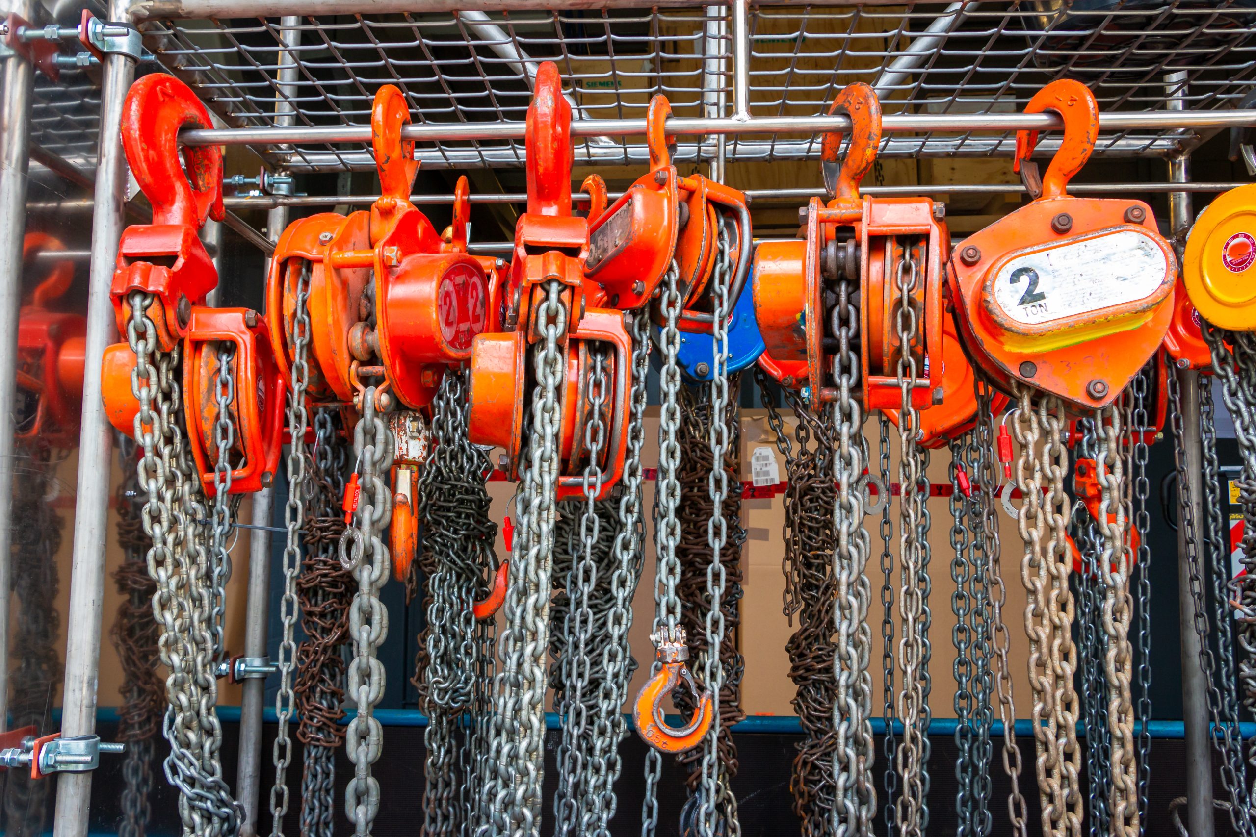 Chain blocks rigged for a beam test at a London museum